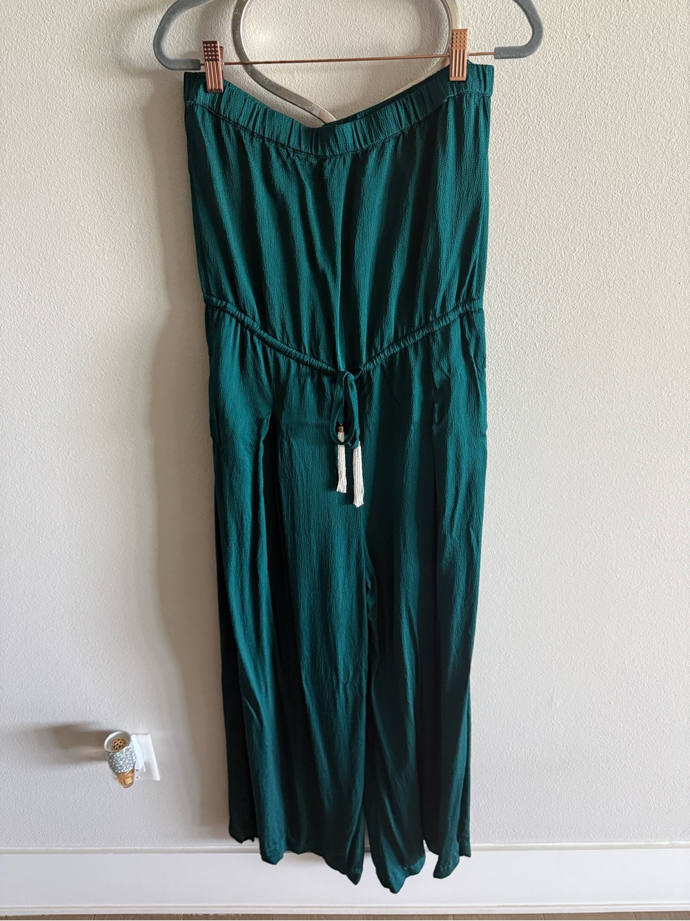YFB Strapless Teal Wide-Leg Crepe Jumpsuit with Drawstring Waist Sz M - Picture 2 of 4
